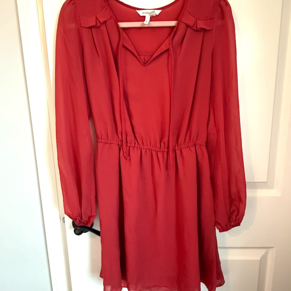 BCBGeneration Red Chiffon Long Sleeved Midi Dress Size Small